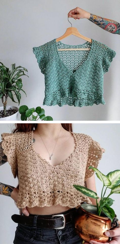 Crochet Top Patterns For Beginners, Easy Crochet Top, Modern Haken, Crochet Crop Top Pattern, Mode Crochet, Crochet Ladies Tops, Crochet Tops Free Patterns, Diy Vetement, Crochet Summer Tops