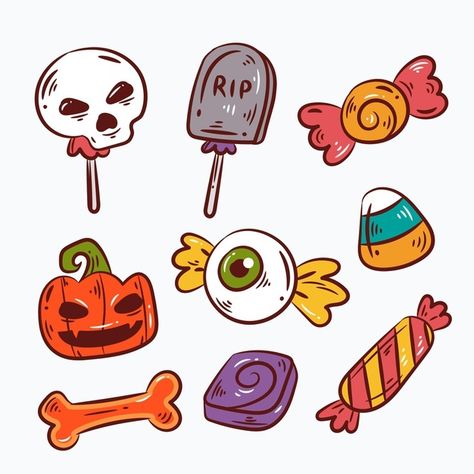 Hand drawn halloween candy collection Fr... | Free Vector #Freepik #freevector #halloween #hand #hand-drawn #celebration Halloween Candy Doodles, Halloween Candy Painting, Halloween Candy Clipart, Halloween Candy Illustration, How To Draw Candy, Cute Candy Drawing, Candies Drawing, Halloween Candy Drawing, Halloween Cute Drawings