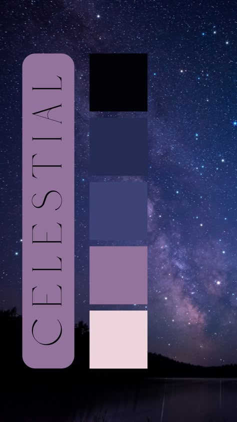 Celestial Color Palette by Felicity & Lilac Events Purple Night Sky Color Palette, Full Moon Color Palette, Celestial Wedding Color Schemes, Starry Night Colour Palette, Psychic Color Palette, Celestial Paint Color, Space Aesthetic Color Palette, Tarot Card Color Palette, Celestial Color Scheme