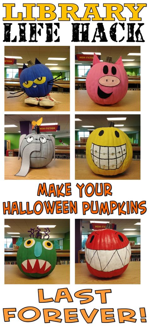 Library Life Hack–Make Your Halloween Pumpkins Last Forever! – The Lego Librarian Decorating Library Ideas, Pumpkin Library Display, Book Pumpkins Character, Literature Pumpkin Decorating, Kids Book Character Pumpkins, Pumpkins From Book Characters, Pumpkins As Book Characters, Library Pumpkin Decorating Contest, Literary Pumpkins Ideas