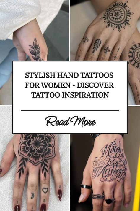 Stylish Hand Tattoos for Women - Discover Tattoo Inspiration Spiritual Tattoos Hand, Motivational Hand Tattoos, Tatoos Woman Hand Name, Arm And Hand Tattoos For Women, Tattoo Ideas Hand Women, Hand Tats For Women Aesthetic, Name Hand Tattoos For Women, Spiritual Hand Tattoos For Women, Female Hand Tattoos For Women