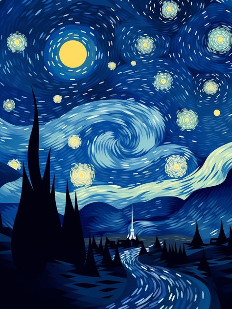 The Starry Night (Vincent van Gogh) depicted in a Scandinavian minimalistic art style. AI-generated Van Gogh Starry Night Wallpapers, The Starry Night Wallpaper, Starry Night Illustration, Van Gogh Wallpaper, Starry Night Wallpaper, Android Wallpaper Art, Minimalistic Art, Night Illustration, Arte Van Gogh