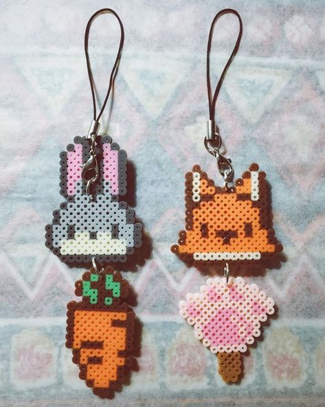 Bunny Rabbit Fox Carrot Paw Key Rings Perler Hama Beads Hamma Beads Ideas, Pixel Beads, Easy Perler Beads Ideas, 3d Perler Bead, Art Perle, Hama Beads Design, Rabbit Rabbit, Perler Bead Templates, Hama Bead