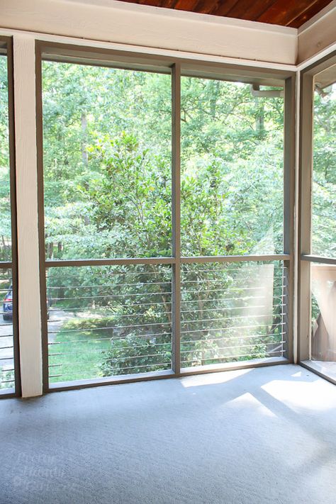 Screened In Porch Paint Color Ideas, Screen Porch Under Deck Ideas, Screen Porch With Cable Railing, Screened In Porch With Railing, Colorful Screened In Porch, Screened Porch Railing Ideas, Screen Porch Wall Ideas, Screened Porch Railing, Screened In Porch Railing