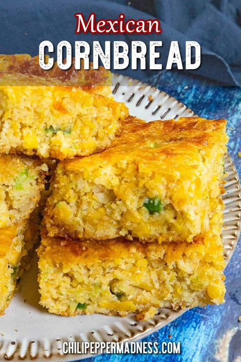 This Mexican-style cornbread recipe is so moist and loaded with chopped jalapenos, corn, and melty cheese, it won't last long, so easy to make and tasty! It's the best. Mexican Cornbread Jiffy, Easy Mexican Cornbread, Mexican Cornbread Recipe, Ground Beef Recipes Mexican, Moist Cornbread, Authentic Mexican Recipes, Mexican Cornbread, Easy Mexican, Mexican Food Recipes Easy