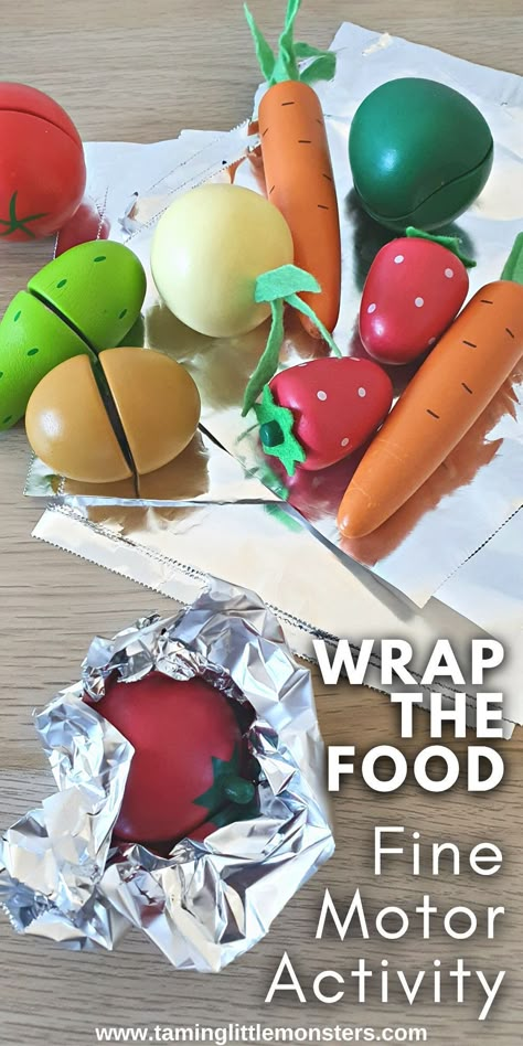 Wrap the Food - Fine Motor Activity. This is an easy way for toddlers and preschoolers to develop fine motor skills. Perfect if you're trying to teach kids about nutrition and healthy eating. #finemotor #toddlers #preschoolers Cook Activities For Preschool, Healthy Food Projects For Preschoolers, Infant Activities Food Theme, Vegetable Crafts For Preschoolers, Gross Motor Food Activities, Food Group Sorting Activity, Tasting Activities Preschool, Simple Cooking Activities For Preschool, Vegetable Fine Motor Activities