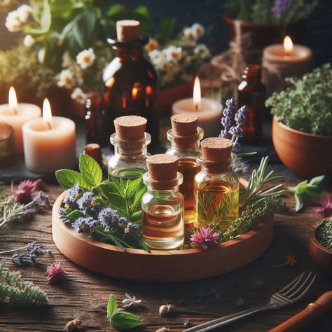 Essential oil bottles on a tray table with flowers and herbs surrounded around them. Egyptian Rituals, Essential Oil Aesthetic, Essential Oils Aesthetic, Aromatherapy Aesthetic, Turmeric Oil, Holistic Skin Care, Pomegranate Oil, Strengthen Hair Follicles, Essential Oils Guide