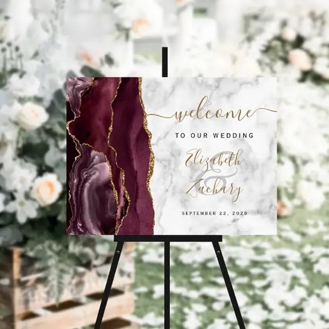 Agate Burgundy Gold Marble Wedding Welcome Foam Board Burgundy And Grey Wedding Decorations, Burgundy Purple Black Wedding, Navy Burgundy Rose Gold Wedding Decor, Black Burgundy And Gold Wedding Wedding Ceremony Decor, Acrylic Wedding Invitation Burgundy, Burgundy Wedding Welcome Sign, Modern Wedding Welcome Sign, Taylor Wedding, Purple And Gold Wedding