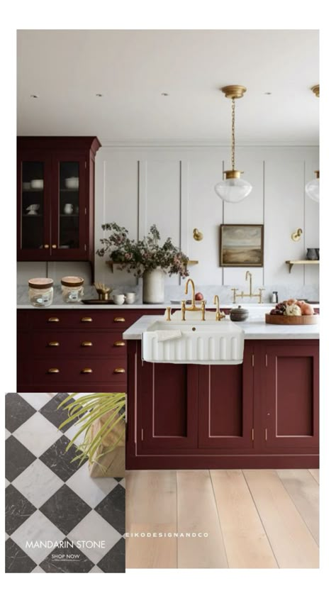 Burnt Red Kitchen, Burgandy Kitchen Cupboards, Dark Red Interior Design, Cherry Oak Cabinets, Maroon Cabinets, Maroon Kitchen Cabinets, Deep Red Kitchen, Burgundy Kitchen Cabinets, Red Blue Interior