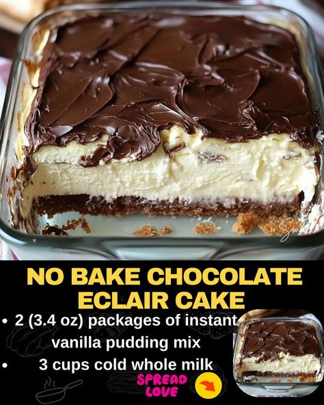 No bake Chocolate Eclair Cake No Bake Chocolate Eclair Cake, No Bake Chocolate Eclair, Vanilla Pudding Desserts, Easy Eclairs, Chocolate Eclair Recipe, Chocolate Eclair Dessert, Baked Chocolate Pudding, Eclairs Dessert, No Bake Eclair Cake