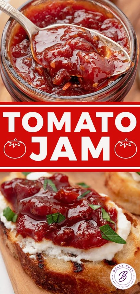 Easy Tomato Jam - Belly Full Tomatoes Jam, Tomato Jam Uses, Tomato Jam Recipes, Tomato Jam Recipe Crockpot, Tomato Jam Crockpot, Cherry Tomato Recipes For Canning, Roasted Tomato Jam Recipe, Easy Jams To Make, Slow Cooker Tomato Jam