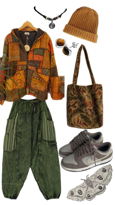 Earthy casual look aesthetic masc green orange shorts hoodie boho outfit beanie necklace Nike shoes moths Hippie Grunge Outfits, Bookworm Fashion, Earthy Outfits Aesthetic, Outfit Ideas Stylish, Bookish Aesthetic, Hippie Grunge, Urban Boho, Masc Outfits, Grunge Clothes