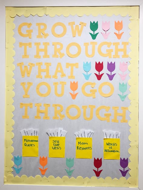 RA bulletin board   Grow through what you go through Nursing Student Bulletin Board Ideas, Health Education Bulletin Boards, Together We Grow Bulletin Board, Elementary Health Bulletin Boards, Wellness Ra Bulletin Boards, Grow Through What You Go Through Bulletin Board, Dei Bulletin Boards, Spring Mental Health Bulletin Board, Recovery Bulletin Board Ideas