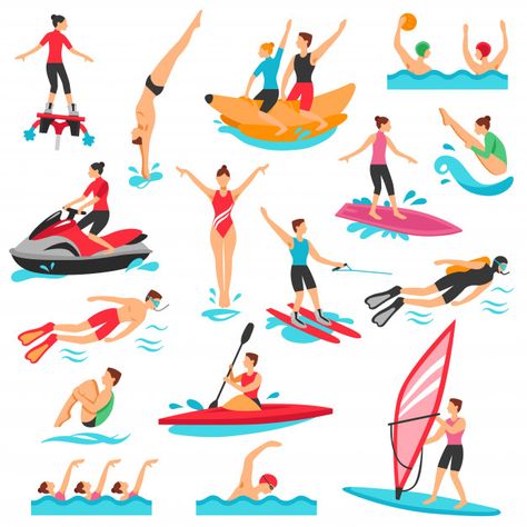 Water sport set Free Vector | Free Vector #Freepik #vector #freepeople #freewater #freewoman #freeman Swimming Watercolor, Swimming Clipart, Sports Illustrations Design, Fitness Vector, Human Tree, Benefits Of Swimming, Cleaning Kids Room, Sport Vector, Logo Fitness