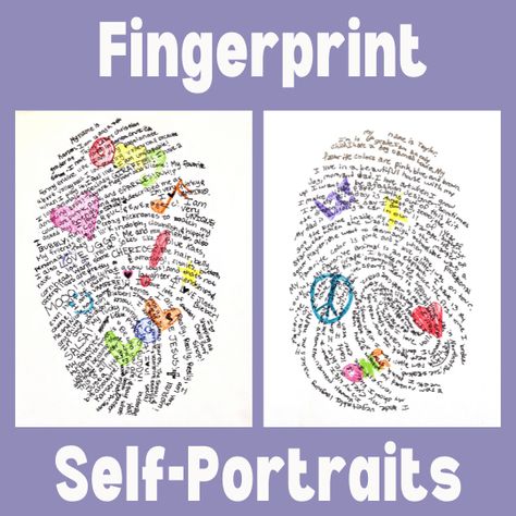 Leadership Art Projects, Fingerprint Self Portrait, Art Ideas For Year 5 And 6, Arts And Craft Activities For Middle School, Begining Of The Year Art Project, Middle School About Me Art, New Year Activities Middle School, Self Esteem Lessons For Middle School, Beginning Of The Year Art Projects Middle School