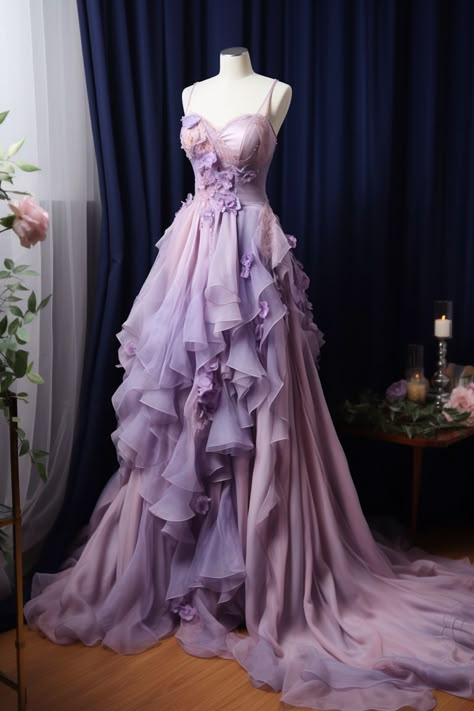 Lavender flower inspired gown Purple Flowery Dress, Tangled Inspired Dress, Tangled Inspired Prom Dress, Rapunzel Dress Inspired, Rapunzel Moodboard, Rapunzel Prom Dress, Ancient Black Dragon, Rapunzel Gown, Beautiful Gowns Princesses