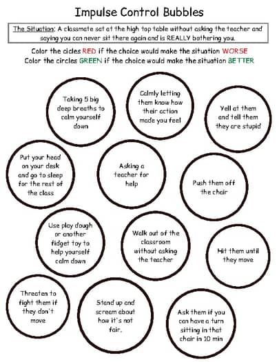 Impulse Control Bubbles Worksheet by School Psychologist Materials Impulse Control Middle School, Impulse Control Therapy Activities, What Can I Control Activity, Locus Of Control Worksheets, Impulsivity Activities For Kids, Impulse Control Activities For Teens, Self Control Worksheet, Emotion Regulation Activities For Kids, Self Control Activities For Kids