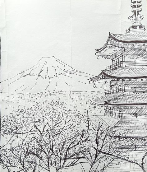 Mount Fuji Drawing Japanese Art, Japanese Tower Drawing, Japanese Landscape Sketch, Japanese Nature Drawing, Japan Pencil Drawing, Japan Architecture Drawing, Japan Drawing Ideas, Drawing Ideas Japanese, Japan Sketch Drawings