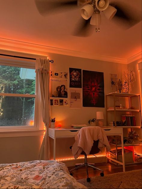 Cozy Teenage Room, Room Inspo Realistic, Small Room Cozy Aesthetic, Comfy Room Aesthetic Led Lights, Bedrooms With Wood Paneling Walls, Room Inspo Full View, Led Dorm Room Aesthetic, Fairy Lights Autumn, Color Changing Lights Bedrooms