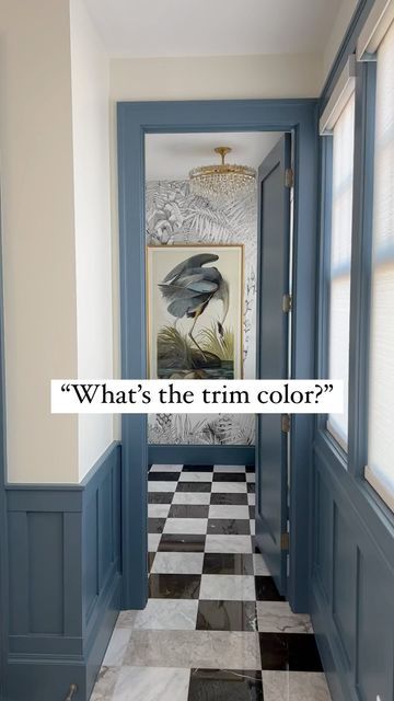 Alice Lane Interior Design on Instagram: "We’ve had tons of requests for this paint color! #interiordesign #design #homedecor #decor #paintcolor #homedesign #homeinspiration" Colored Trim Living Room, Sw Labradorite Paint, Bold Trim Paint Colors, Blue Painted Trim Bedroom, Painted Trim Bathroom, Dark Blue Trim Interior, Historic Blue Paint Colors, Fun Bedroom Paint Ideas, Blue Trim White Walls