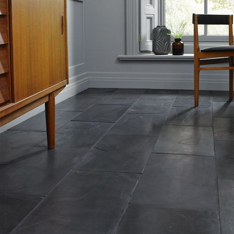 Brushed Black Slate Tiles - 600x400mm | Stone Tile Company Slate Floor Kitchen, Black Slate Floor, Flagstone Tile, Black Slate Tiles, Slate Kitchen, Slate Tiles, Slate Tile Floor, Black Floor Tiles, Stone Floor