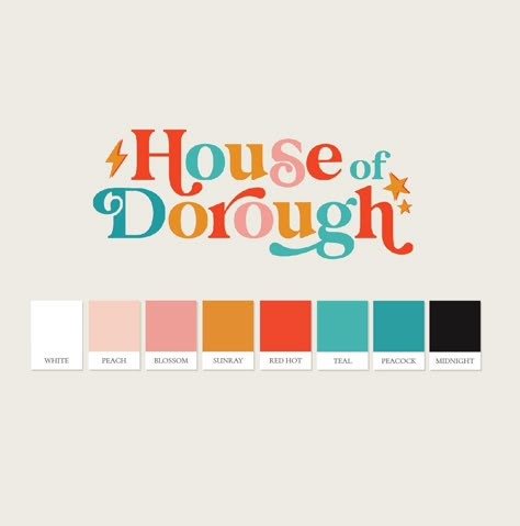 House Of Dorough, Retro Logo Color Palette, Retro Color Palette Canva, Font Color Palette, Colorful Typography Logo, 50s Diner Color Palette, Bright Logo Color Palette, Bright Logo Design Inspiration, Retro Pink Palette