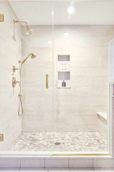 25 Gray Tile Ideas That Will Make Your Bathroom Standout Master Bath Shower Tile, Geometric Tiles Bathroom, Master Shower Tile, Gray Bathroom Ideas, Master Bath Tile, Gray Tile, Grey Bathroom Tiles, Master Bath Shower, Interior Design Bathroom