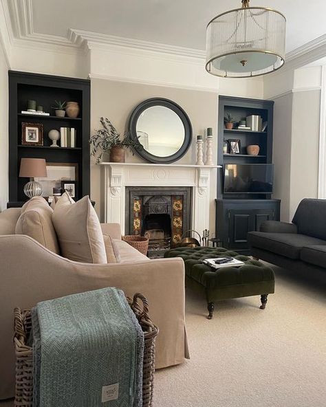 Cosy Edwardian Living Room, Victorian Living Room Alcove Shelves, Alcove Colour Ideas Living Room, Victorian Living Room Carpet, Victorian Living Room Ceiling Light, Victorian Semi Living Room, Mushroom Lounge Colour, Lamps Next To Fireplace, Light Cosy Living Room