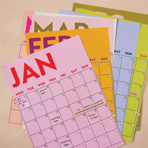 Planning on steroids! Get a clear view of your plans for the year ahead with this flexible undated wall planner / calendar that you can start any month in the year. A deliciously bold colour palette with contrasting font colours (pink & Red anyone?)- we're thinking this is a strong feature wall for your zoom backgrounds or Tiktoks, if that's your vibe. The 12 monthly large A3 prints can be arranged on the wall together for a full calendar year overview or choose to hang one or a few at a time. P Monthly Wall Planner, Aesthetic Wall Calendar, Time Planner Template, Calendar Illustration Design, Monthly Planner Design, Monthly Planner Aesthetic, Calander Design, Graphic Design Calendar, Aesthetic Agenda