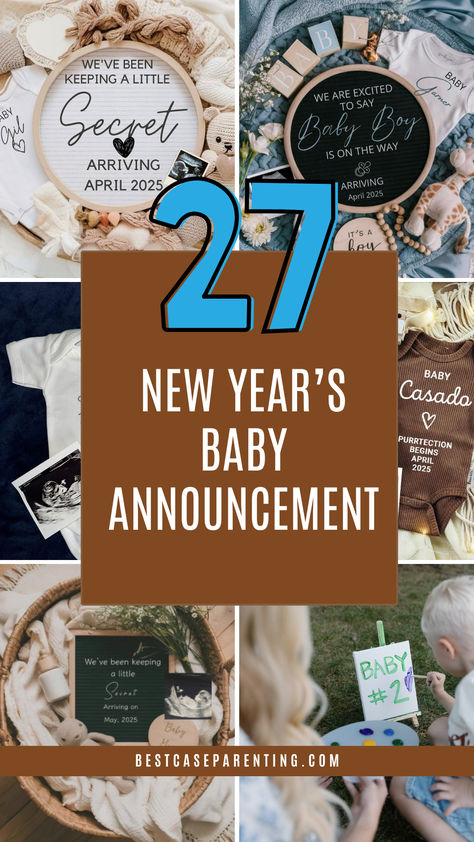 Collage of creative New Year’s baby announcement ideas, featuring cozy props, announcement boards, ultrasound pictures, and adorable baby outfits with personalized messages. Announcing Big Brother Ideas, New Year’s Eve Baby Announcements, Baby Due In May Announcement, New Year Birth Announcement, New Years Birth Announcement, Baby Announcing Ideas New Years, January Pregnancy Announcement Baby 2, January Due Date Announcement, Cool Baby Announcement Ideas