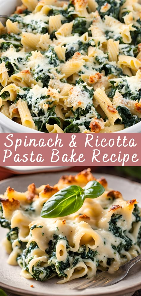 Spinach & Ricotta Pasta Bake Recipe | Cheff Recipes Spinach And Cheese Pasta Bake, Baked Pasta Recipes With Ricotta, Baked Ziti With Ricotta And Spinach, Baked Spinach Pasta, Roasted Veggies And Ricotta Pasta, Ricotta Savory Recipes, Spinach And Ricotta Pasta Bake, Vegetarian Ricotta Recipes, Meals With Ricotta