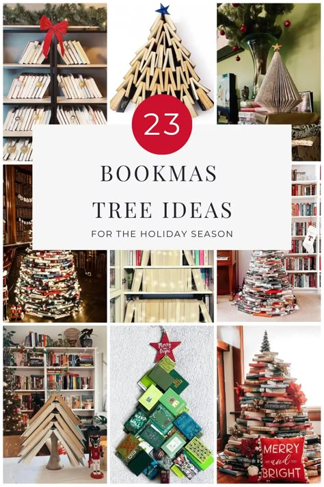 23 Bookmas Tree Ideas for the Holiday Season - Finding Mandee Book Christmas Tree Ideas, Bookshelf Christmas Tree, Book Christmas Trees Diy, Vintage Book Christmas Tree, Reading Themed Christmas Tree, Book Themed Christmas Tree Ideas, Christmas Tree Of Books, How To Make A Book Tree, How To Make A Book Christmas Tree