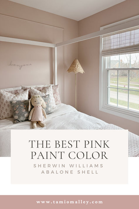 the best pink paint color, little girls room , 8 year old girls room,Girls bedroom ideas from an interior designer, Sherwin Williams Abalone Pink paint color, white canopy bed, rattan light, lillian august rattan lamp, full size canopy bed, block print quilt and pillow cases, picture frame moulding in girls room, bamboo bench from target Sherwin Williams Pressed Flower Bedroom, Light Rose Paint Color, Sw Abalone Shell, Blush Pink Sherwin Williams Paint, Sherwin Williams Rosebud, Possibly Pink Sherwin Williams, Best Mauve Pink Paint Color, Peachy Pink Wall Paint, Pink Painted Nursery