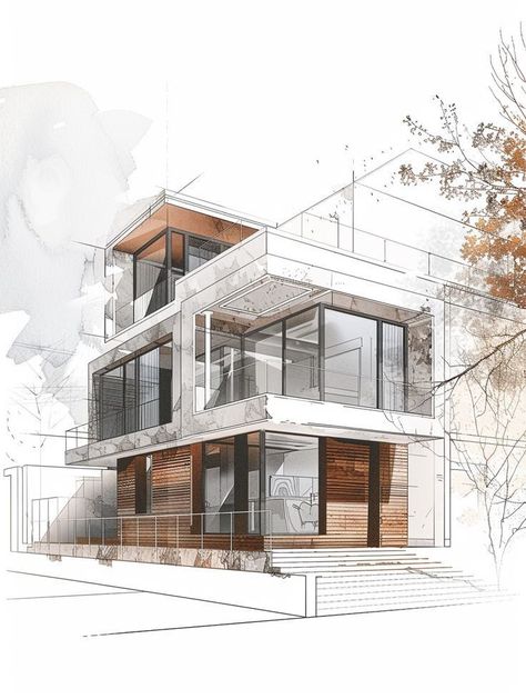 Latest 3d elevation design houseelevationArchitecturaldesign bestelevationdesign Modern architectural sketch of a multi-story house with large windows and wooden accents, surrounded by trees. | Sky Rye Design Archicad Render, House With Large Windows, House Drawing Ideas, Drawing Ideas Simple, 3d Elevation Design, Minimalist Houses, House Design Drawing, Wooden Cladding, Simple Sketches