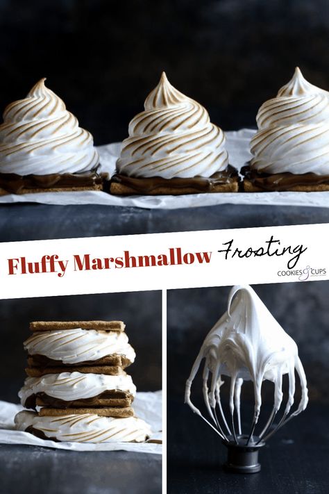 This easy-to-make Fluffy Marshmallow Frosting is spreadable, pipe-able and all around glossy and gorgeous! #cookiesandcups #marshmallowfrosting #frostingrecipe #homemadefrosting #howtomakefrosting Whipped Marshmallow Frosting, Desserts With Piping, Marshmallow Topping, Piping Marshmallow, Marshmallow Meringue Frosting, Fluffy Marshmallow Frosting, Marshmallow Frosting Videos, Chocolate Marshmallow Frosting, Marshmallow Fluff Frosting Recipe