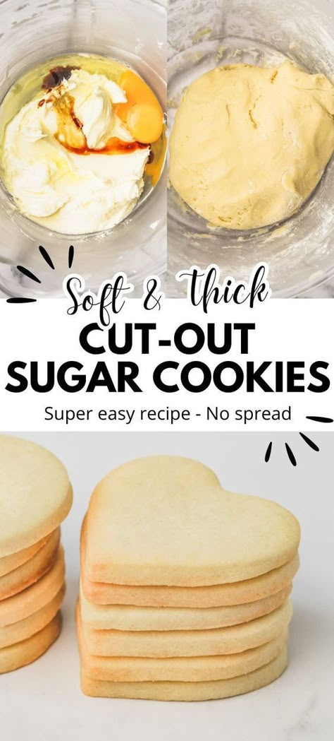 Unleash your inner baker with our super easy recipe for soft & thick cut out sugar cookies! This fail-proof recipe ensures your cookies hold their shape perfectly, with no spreading during baking. Crafted to perfection, these cookies are the epitome of sweetness and delight. Ideal for decorating or enjoying on their own, it's the best recipe you'll ever need for irresistible cut out sugar cookies! Two Sister Sugar Cookie Recipe, Homemade Cut Out Sugar Cookies, Cutable Sugar Cookie Recipe, Homemade Cutout Sugar Cookies, Best Sugar Cookie Dough For Cutouts, Easy Cut Out Cookies Recipe, Sugar Cookie Recipe Without Almond Extract, Shape Sugar Cookies Recipe, Sugar Cookies Cut Out Recipe