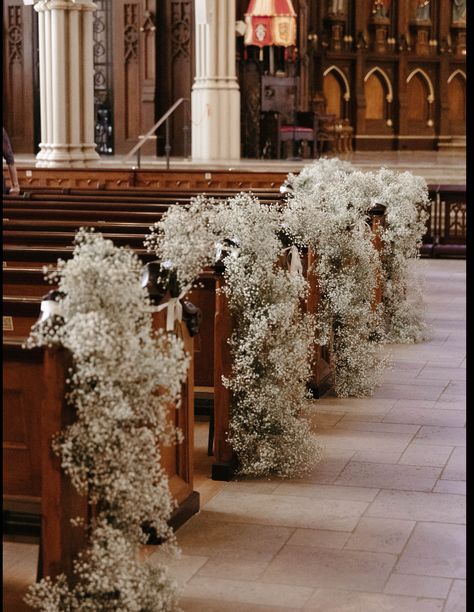 Church Alter Flower Decoration Wedding, Chapel Wedding Florals, Cathedral Wedding Flowers, Wedding Ceremony Altar Decorations, Small Chapel Wedding Decorations, Church Wedding Altar Decorations, Wedding Alter Ideas Church, Flowers For Church Wedding, Babies Breath Wedding Decor