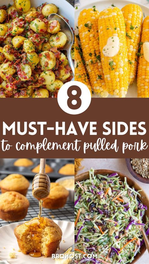 Upgrade your pulled pork meal with these irresistible side dishes! Explore options like broccoli slaw, cornbread muffins, and more that are perfect for gatherings or family dinners. Save this post today and click through for the ultimate guide on what to serve with pulled pork! Pulled Pork Serving Ideas, Pulled Pork And Sides, What To Serve With Pork Carnitas, Best Side Dishes For Pulled Pork, Pork Rib Side Dishes, Sides To Go With Bbq Pork, Pulled Pork Sandwiches Sides Ideas, Best Sides For Pulled Pork, Pulled Pork Sliders Sides