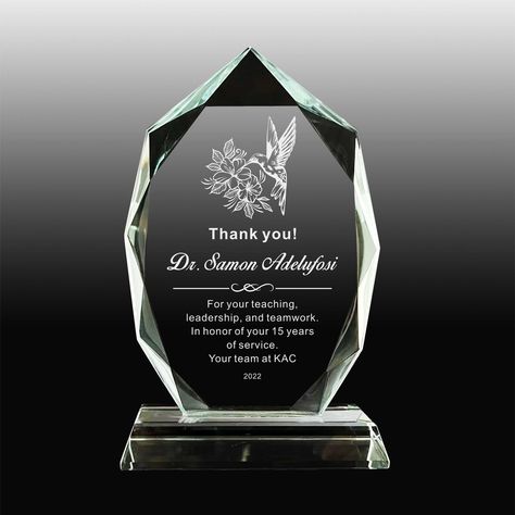 Personalized Glass Award employee Retirement Appreciation - Etsy UK Trophy Design Ideas Award, Plaque Of Appreciation Design, Crystal Awards Trophy, Glass Plaque Design, Award Plaque Design, Graduation Trophy, Award Trophy Design, Trophy Design Ideas, Graduation Plaque