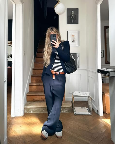 Mel // EPONYM (@meleponym) • Instagram photos and videos Green And Navy Plaid Shirt Outfits, Navy Striped Top Outfit, Navy Stripe Top Outfit, Marine Style Outfit, Navy Vest Outfit, Navy Pants Outfit, Striped Top Outfit, Navy Outfits, Navy Blue Outfit