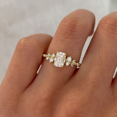 Pretty Engagement Rings, Dream Wedding Ring, Cute Engagement Rings, Future Engagement Rings, Cushion Cut Moissanite, Cushion Cut Ring, Dream Engagement, Dream Engagement Rings, Yellow Gold Engagement Rings