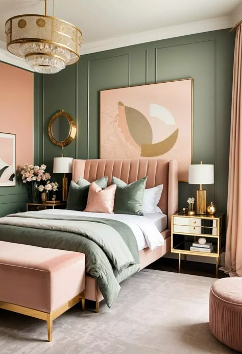 30 Chic Sage Green and Blush Bedroom Ideas 19 Blush Pink Romantic Bedroom, Khaki And Pink Bedroom, Rose And Sage Bedroom, Jewel Toned Decor, Bedroom Ideas Large Room, Pink Sage Green Bedroom, Green And Pink Bedroom Aesthetic, Blush Pink And Green Bedroom, Dark Green And Pink Bedroom