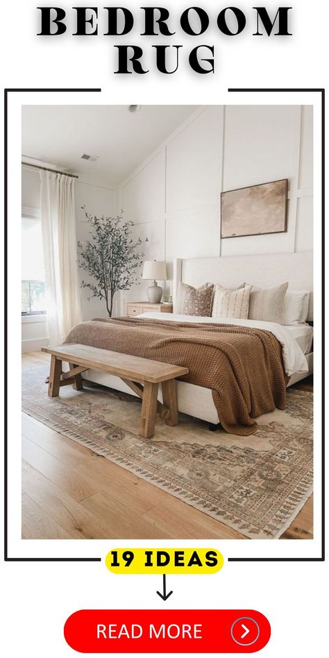 Refresh your bedroom with our cozy and chic rug ideas. From plush textures to elegant designs, find the rug that speaks to your style Rustic Bedroom Rug, Rug For Neutral Bedroom, Bedroom Rug Placement King, Bedroom Rug Layout, Bedroom Rugs Under Bed, Bedroom Rug Ideas, Bedroom Wooden Floor, Rugs Layout, Bedroom Wood Floor