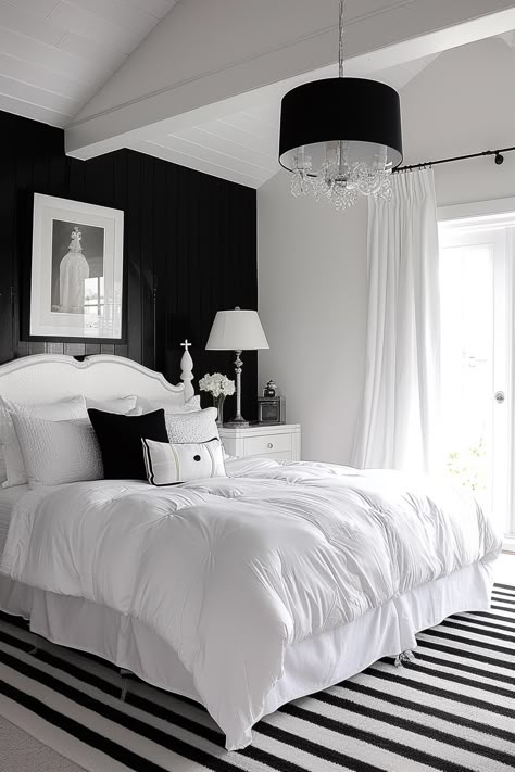 Black And White Monochrome Bedroom, Black And White Hotel Room, Black And White Girls Bedroom, White Bedroom Black Furniture, White Bed Design, Black White And Gray Bedroom, Cream Boho Bedroom, Bedroom With Texture, Warm Brown Bedroom