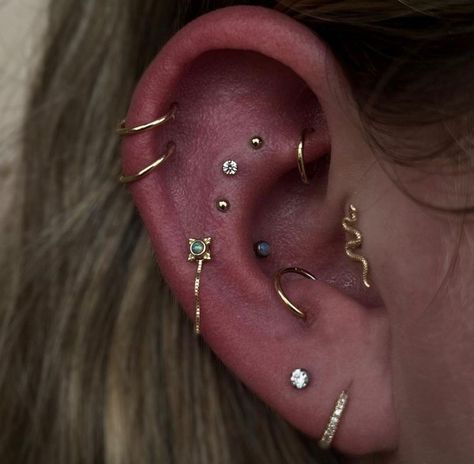 Ear Curation Minimalist, Oorpiercings Ideas, Ear Pierce Ideas, Whispy Tattoos, Correlating Tattoos, Ear Curation Ideas, Piercing Curation, All Piercings, Outer Conch