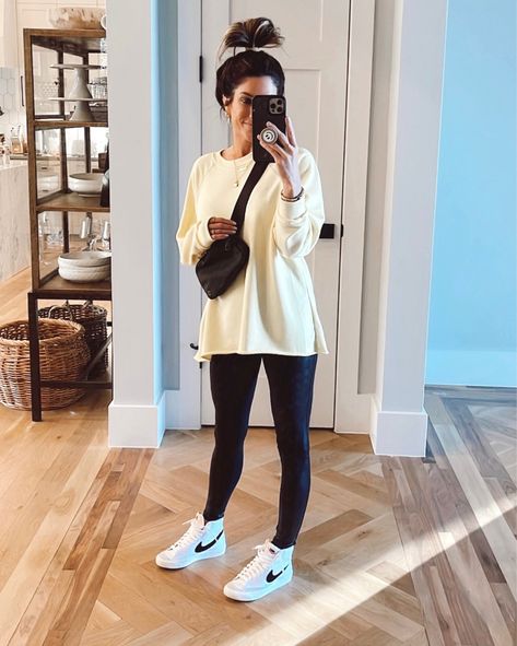 Casual Outfits Leggings Fall, Legging Outfits Casual, Brunch Leggings Outfit, Leggings And Nike Blazers, Leather Leggings With Tennis Shoes, How To Style Nike Blazers With Leggings, Adidas Womens Outfit, Fashion With Leggings, Sneakers With Leggings Outfits