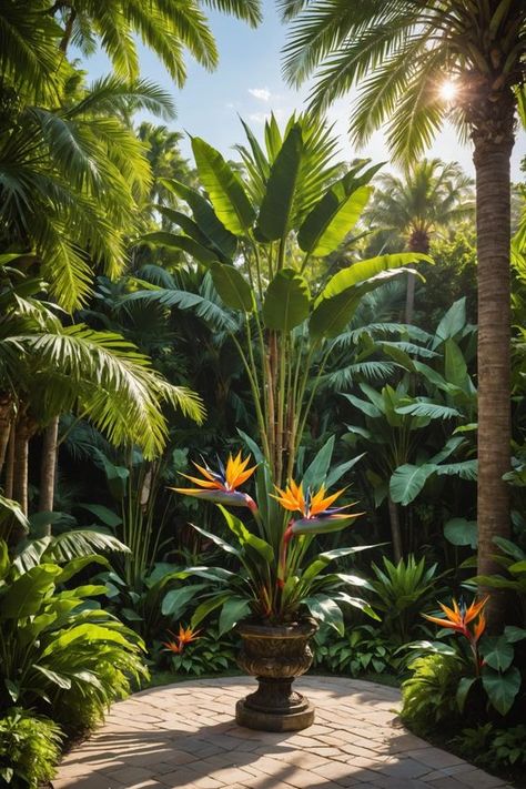 20 Tropical Garden Landscaping Ideas - Toolz Geek Strelitzia Garden Design, Tropic Interior Design, Tropical Landscape Lighting, Garden With Palm Trees, Hawaii Garden, Tropical Garden Plants, Tropical Botanical Garden, Amazon Flowers, Tropical Backyard Landscaping