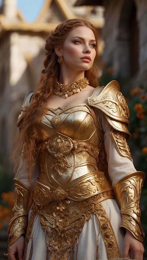 Summer Queen Aesthetic, Roman Empress Aesthetic, Athena Armor, Queen Armor, Warrior Princess Outfit, Female Cleric, Gold Armor, Armor Dress, Warrior Goddess