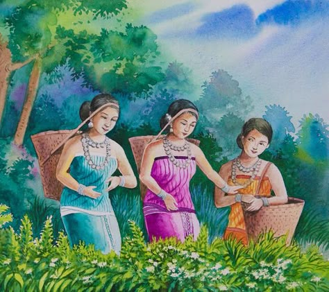 Watercolour Painting: Watercolour painting Picture Composition Painting, Tea Garden Drawing, Composition Painting Watercolour, Village Composition Painting, Christmas Festival Drawing, Assam Culture Art, Assam Culture, Landscape Drawing For Kids, Painting Of Village