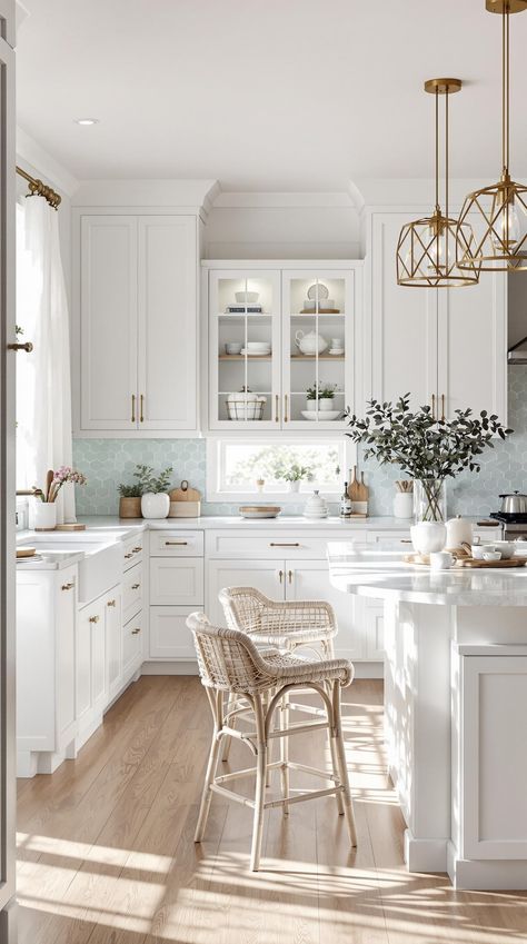 Coastal Kitchen Designs Coastal Home Renovation, Coastal Kitchen Gold Hardware, Coastal Theme Kitchen, Elegant Coastal Kitchen, Coastal Theme Decor, Glam Beach House, Coastal Chic Kitchen Ideas, Classic Coastal Kitchen, Traditional Coastal Kitchen